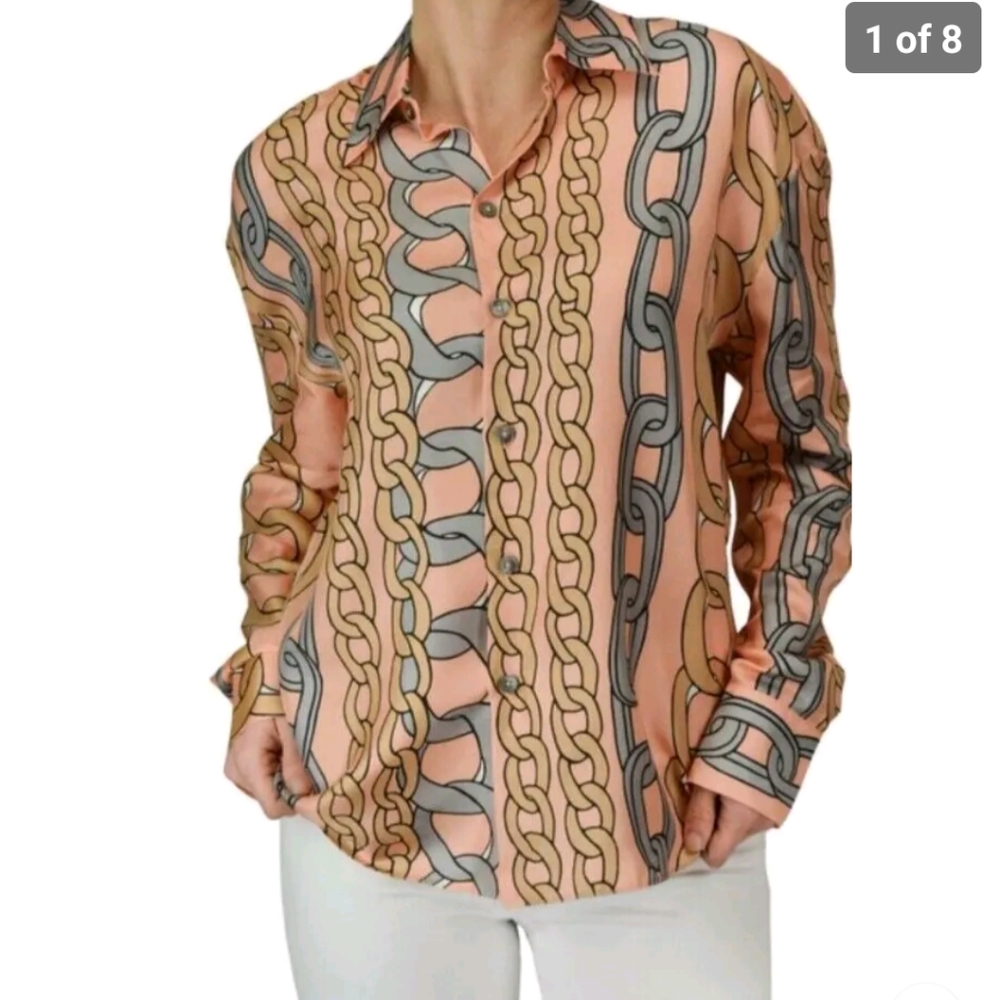 Marni Silk Twill Chain Print Button-Down Blouse Peach Pink Blue Gold Sz 48 / 16